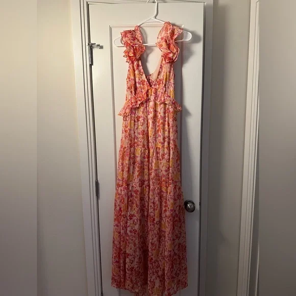 Bloomingdales Aqua Pink and Yellow floral long b-neck dress Bloomingdales Aqua Pink and Yellow floral long b-neck dress